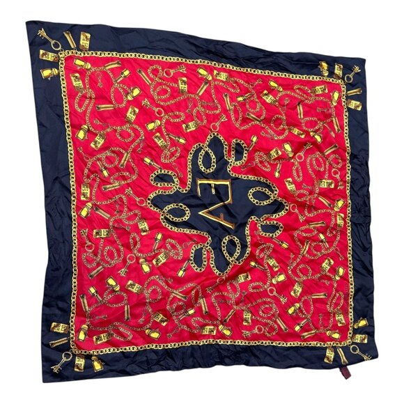 Elizabeth Arden Red Door Silk Scarf 32.5" Red & Black Chain Print Made In Italy - Picture 1 of 8